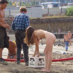 Handing out beer at a construction