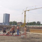 Handing out beer at a construction